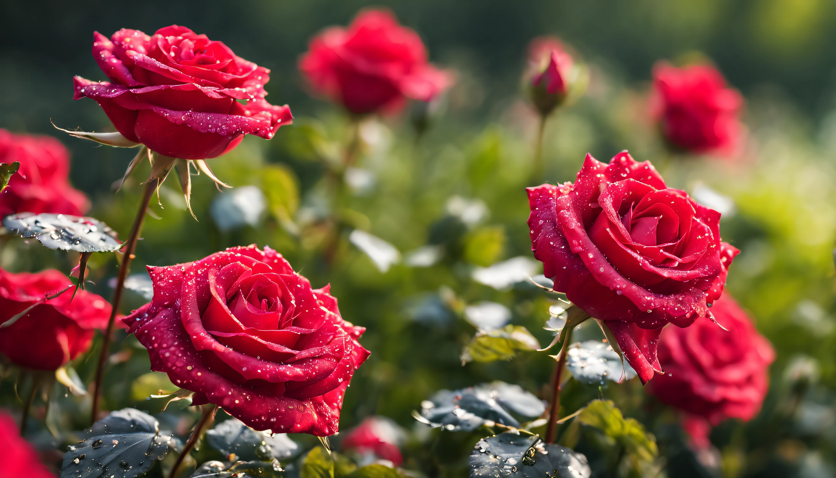 Many red color rose flowers in the garden and sunlight with bokeh, dew drops on flower petals (masterpiece, ultra quality, high resolution, 8k, intricate: 1.2), (masterpiece), (best quality:1)