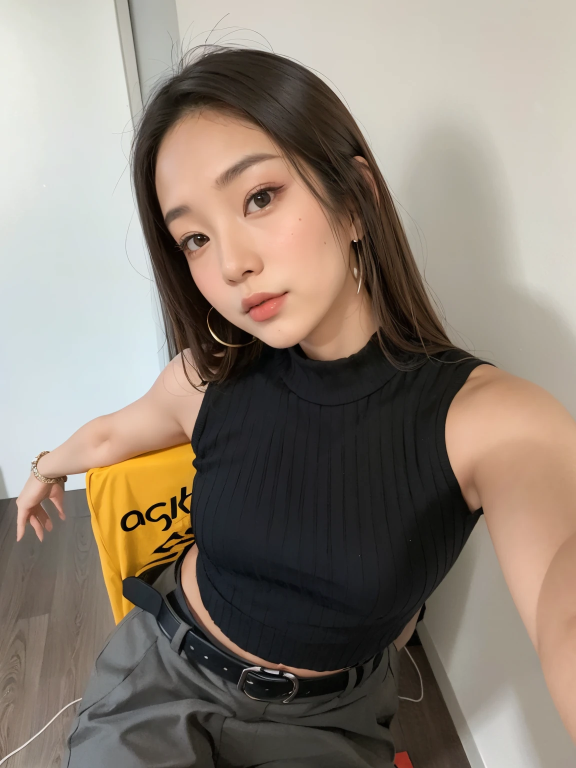 Arafed Asian woman wearing a black top and gray pants, half asian, an asian woman, Asian girl, Lleva una camiseta negra sin mangas, a young asian woman, asian women, Chiho, 2 4 year old female model, Llevar un sexy top recortado, 18 years old, asian female, 🤤 girl portrait, Thicc, Estilo Jackie Tsai