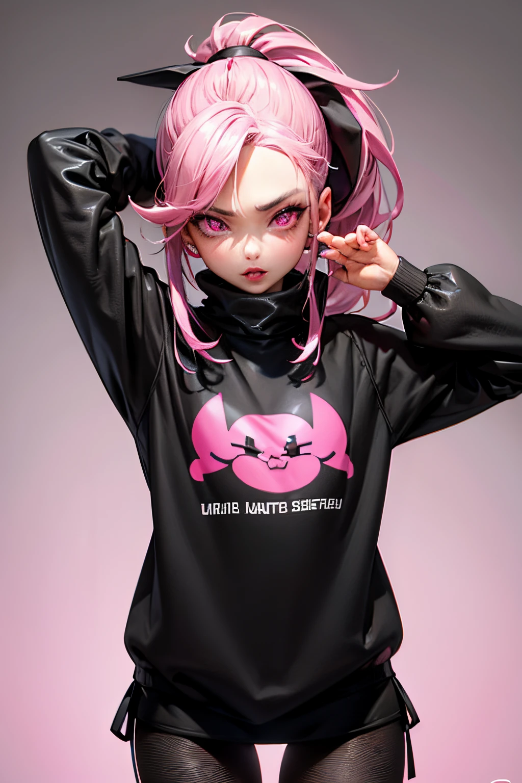 cute girl, She wears bad boy clothes, black clothes, Wide black pullover, Beautiful pink lips, adult girl, Tied hair, Ponytail hairstyle