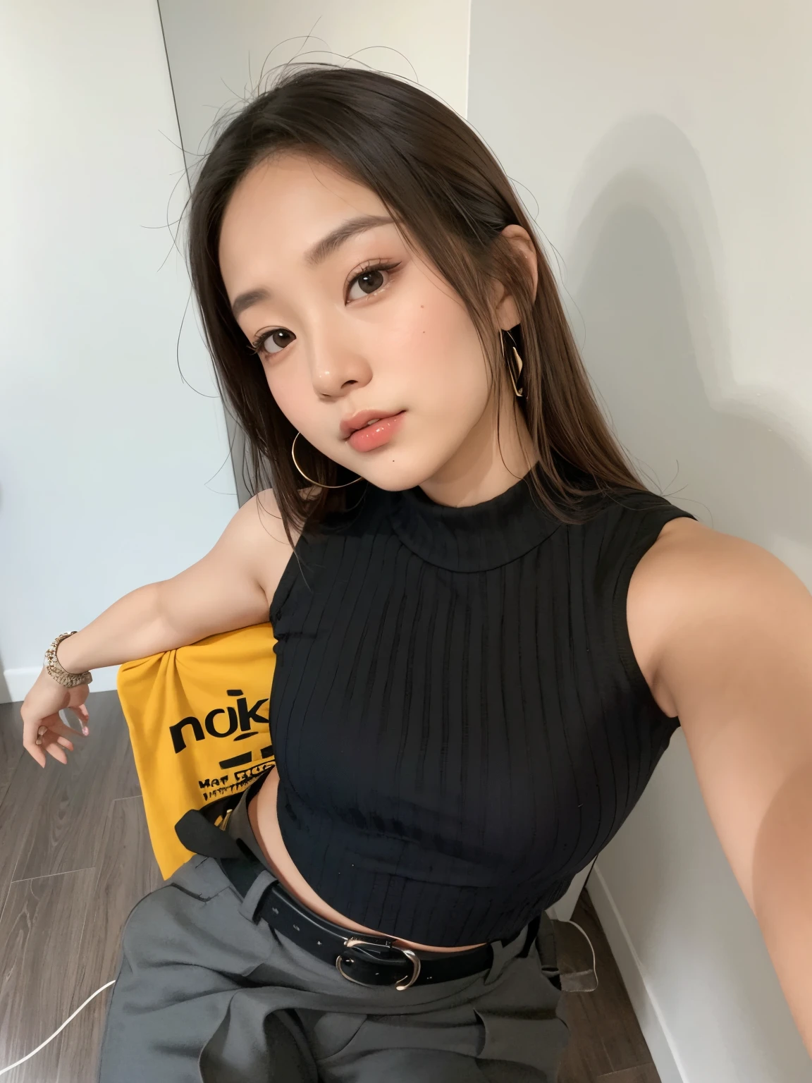 Arafed Asian woman wearing a black top and gray pants, half asian, an asian woman, Asian girl, Lleva una camiseta negra sin mangas, a young asian woman, asian women, Chiho, 2 4 year old female model, Llevar un sexy top recortado, 18 years old, asian female, 🤤 girl portrait, Thicc, Estilo Jackie Tsai