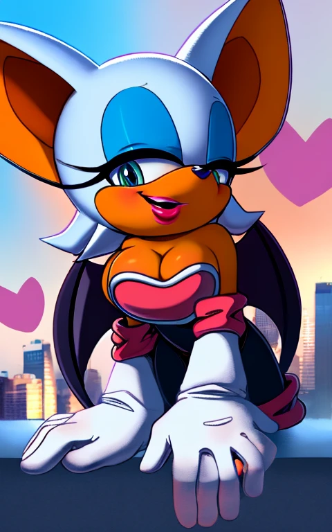 rouge the bat,masterpiece,best quality,1girl,solo,furry,blue eyeliner,cleavage,bat wings,bodysuit,white gloves,heart,dynamic angle,smile,red lipstick,blush,looking at viewer,city background,2D illustration