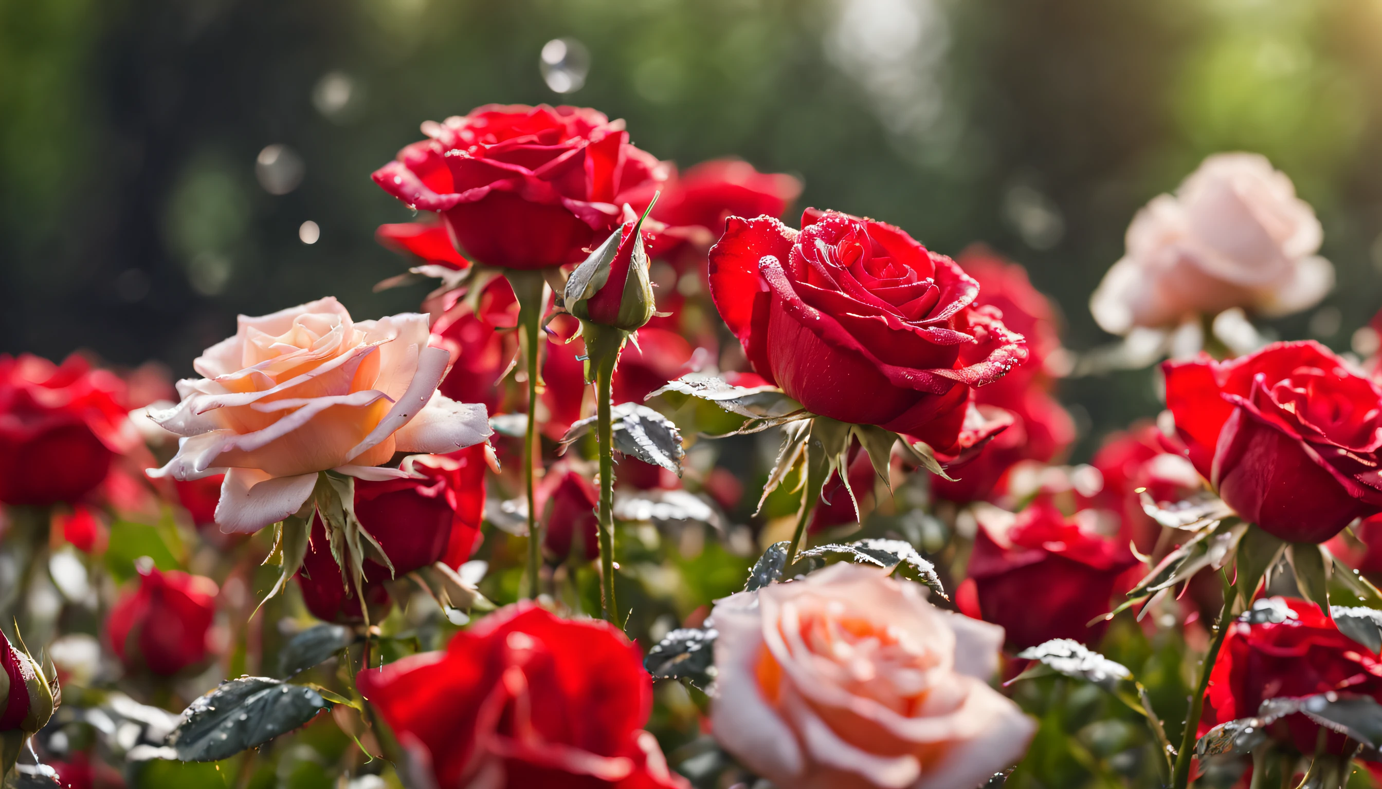 Many red color rose flowers in the garden and sunlight with bokeh, dew drops on flower petals (masterpiece, ultra quality, high resolution, 8k, intricate: 1.2), (masterpiece), (best quality:1)