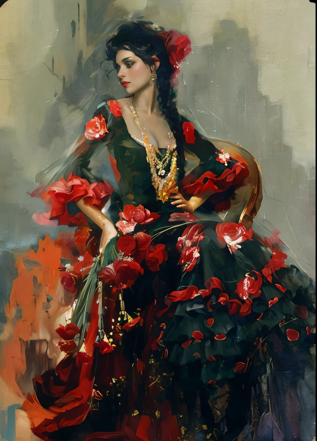 uma pintura de uma mulher em um vestido vermelho e preto, Andrew Atroshenko, Garmash, pintura realista da mulher espanhola, inspirado em Willem Kalf, inspirado por Michael Garmash, pintura de bonito, ( ( Konstantin Razumov ) ), Konstantin Razumov, pintura de personagem bonita, pintura bonita expressiva, pintura bonita de um alto, Estilo de Pino Daeni