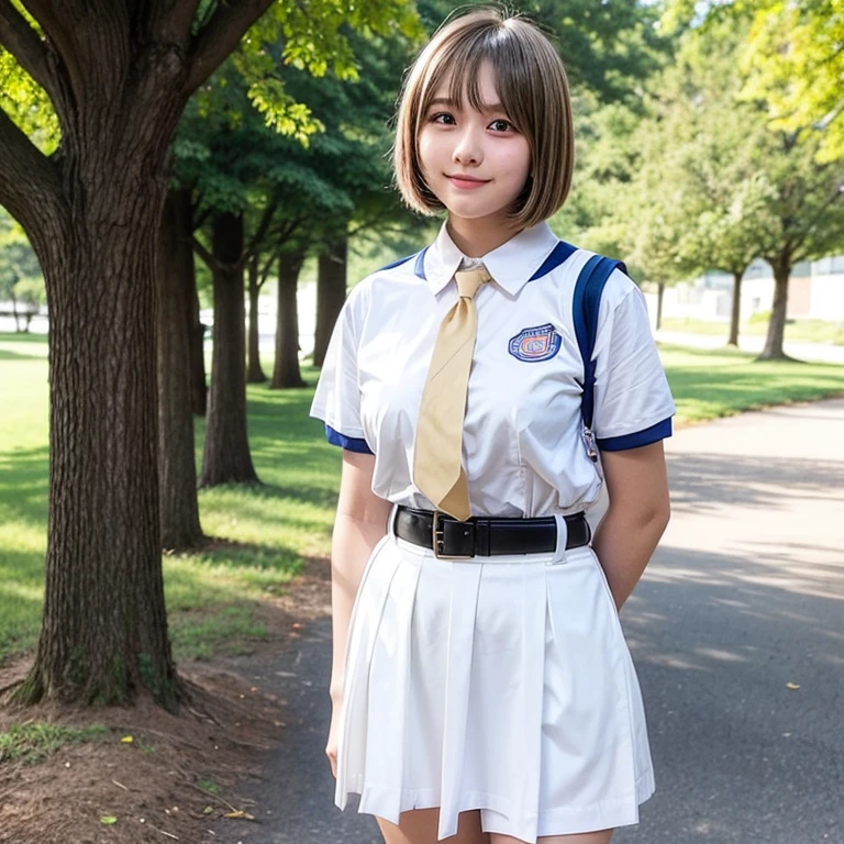 18year old, girl with, High School Uniforms,slightly larger udder,Narrow waist, Hairstyle is a bob cut, The background is a park,Looks happy