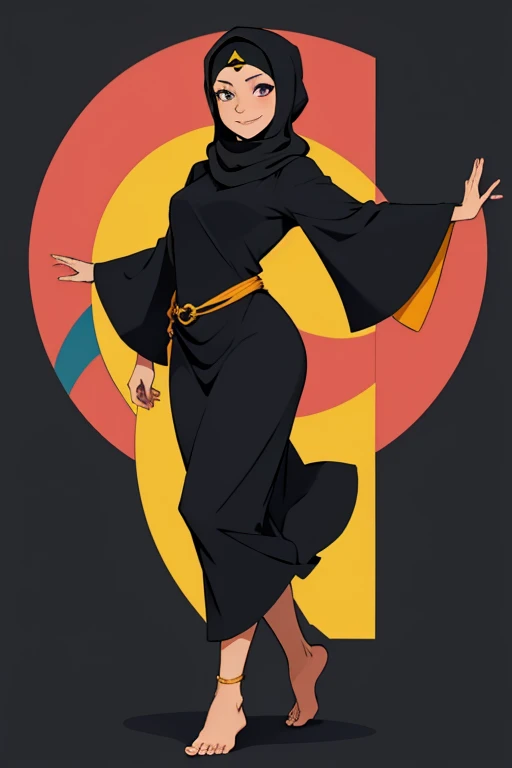 A barefoot, beautiful hijabi woman standingin a dynamic pose,wearing a black hijab and colorful long modest clothes, looking happy.