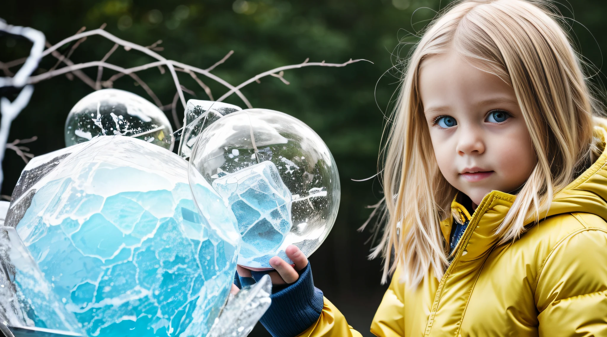 a close-up of a blonde child with long hair, jaquetas amarelas, BIG BALL OF electrified ICE IN HANDS.