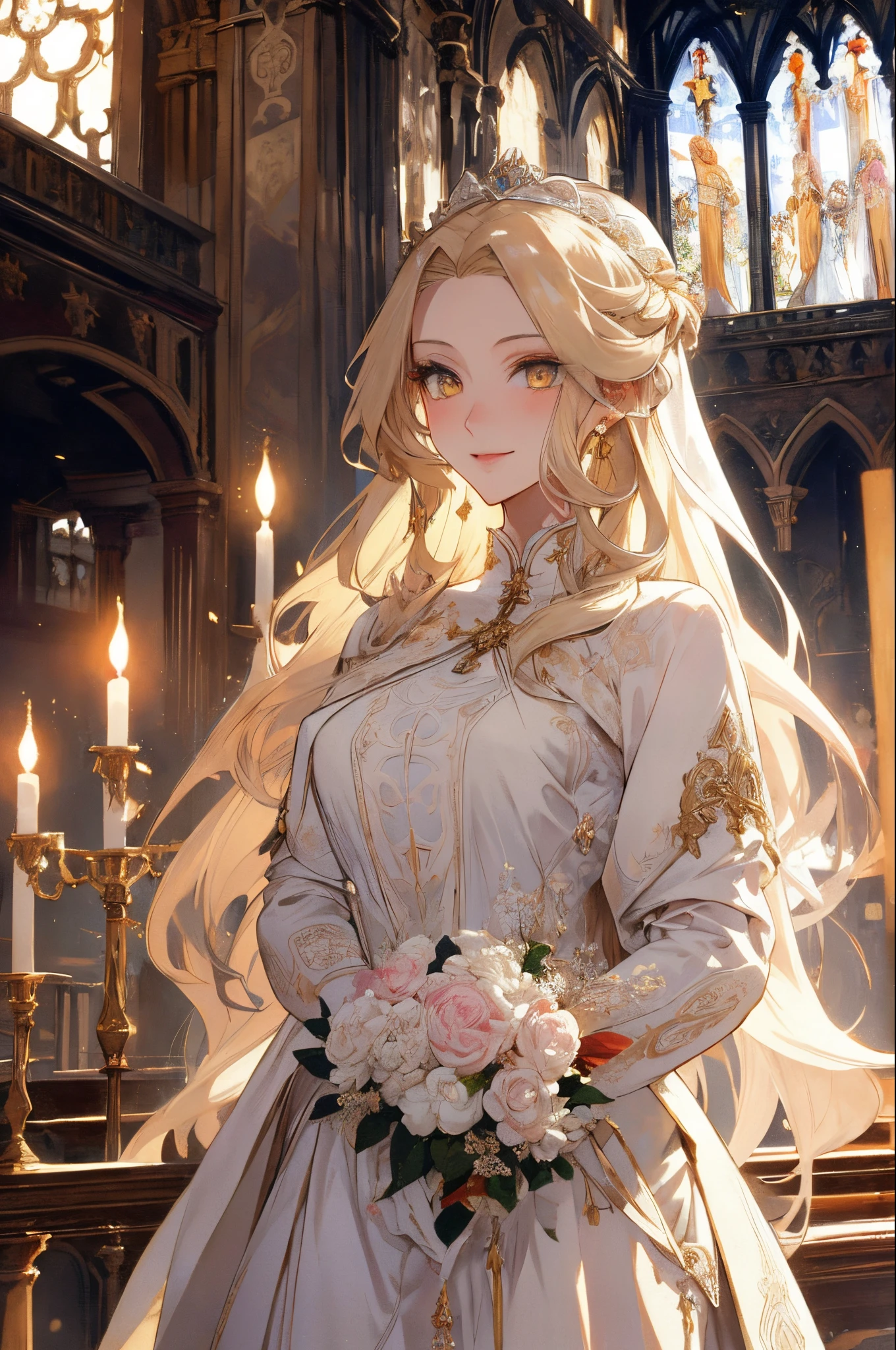 Beautiful illustration、top-quality、beautiful tall beauty、(transform sequence)、adult-like、Italian、Fractal Art、her long blonde hair is tied high and straight.、Beautiful detailed golden eyes、lighting like a movie、Beautiful woman with a mysterious smile、Wearing White wedding dress、wonderful church、rich coloring、1930s、A slightly male-like face