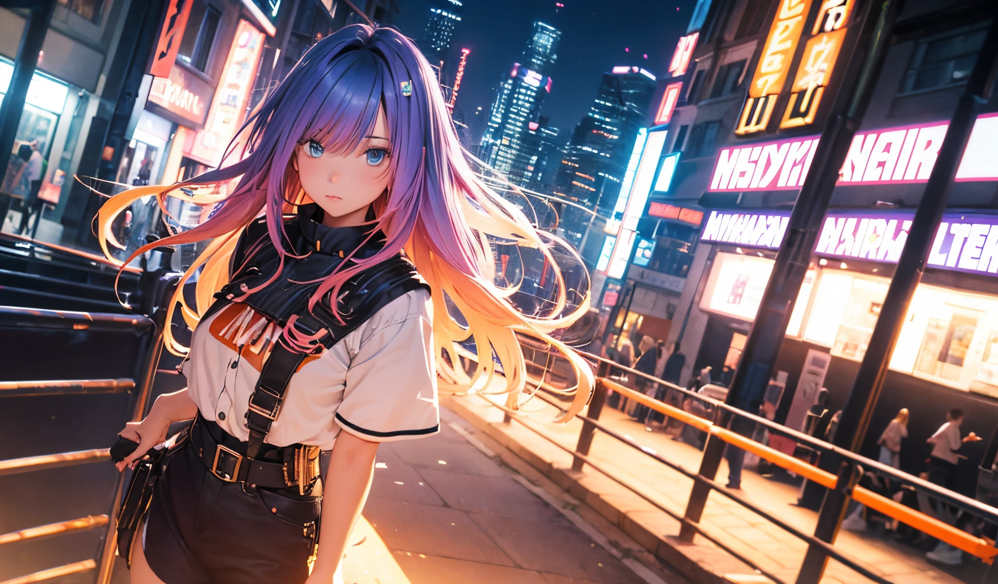 NY, (gradient hair, dutch angle:1.3), film grain, chromatic aberration, city, masterpiece, best quality, raw photo, photorealistic, absurdres, 1girl, cute, perspective, cowboy shot, highres, ultra detailed, detailed eyes and face, sharp pupils, realistic pupils, sharp focus, summer, night,