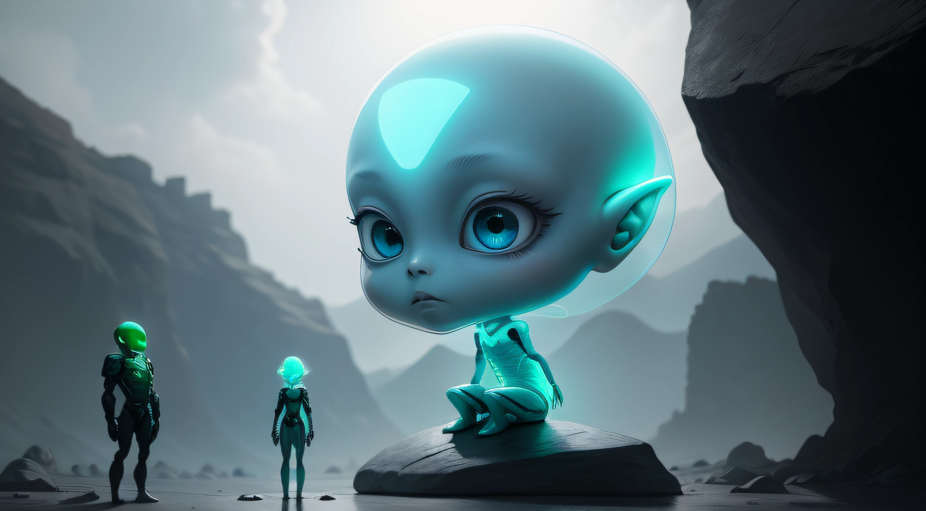 An alien girl stands on a stone, translucent head, The whole body is glowing, Alien technology