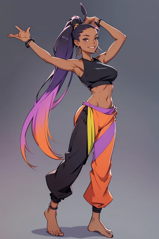 A barefoot, beautiful woman standing in a dynamic pose,wearing a black croptop and  colorful long harempants, looking happy.