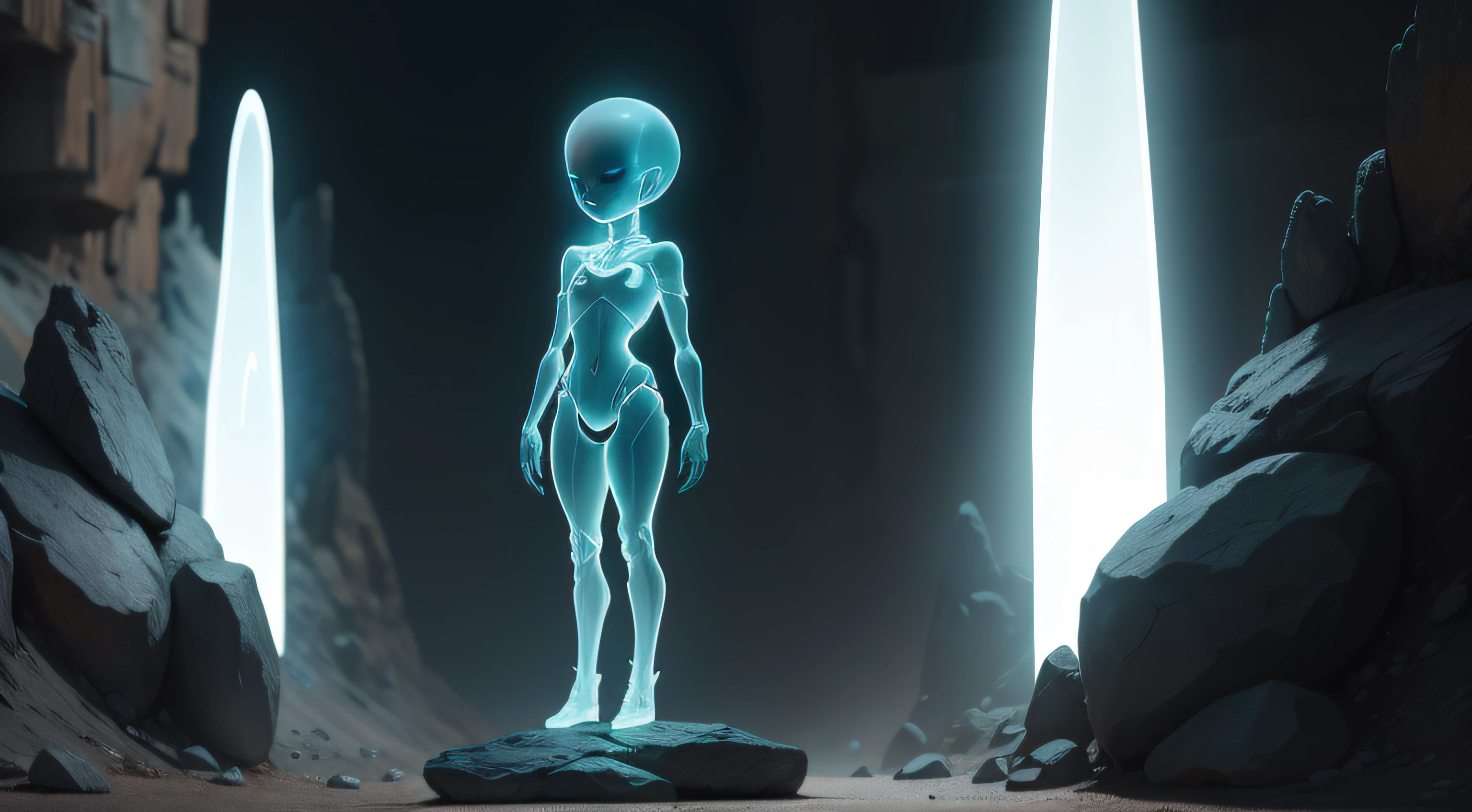 An alien girl stands on a stone, translucent head, The whole body is glowing, Alien technology