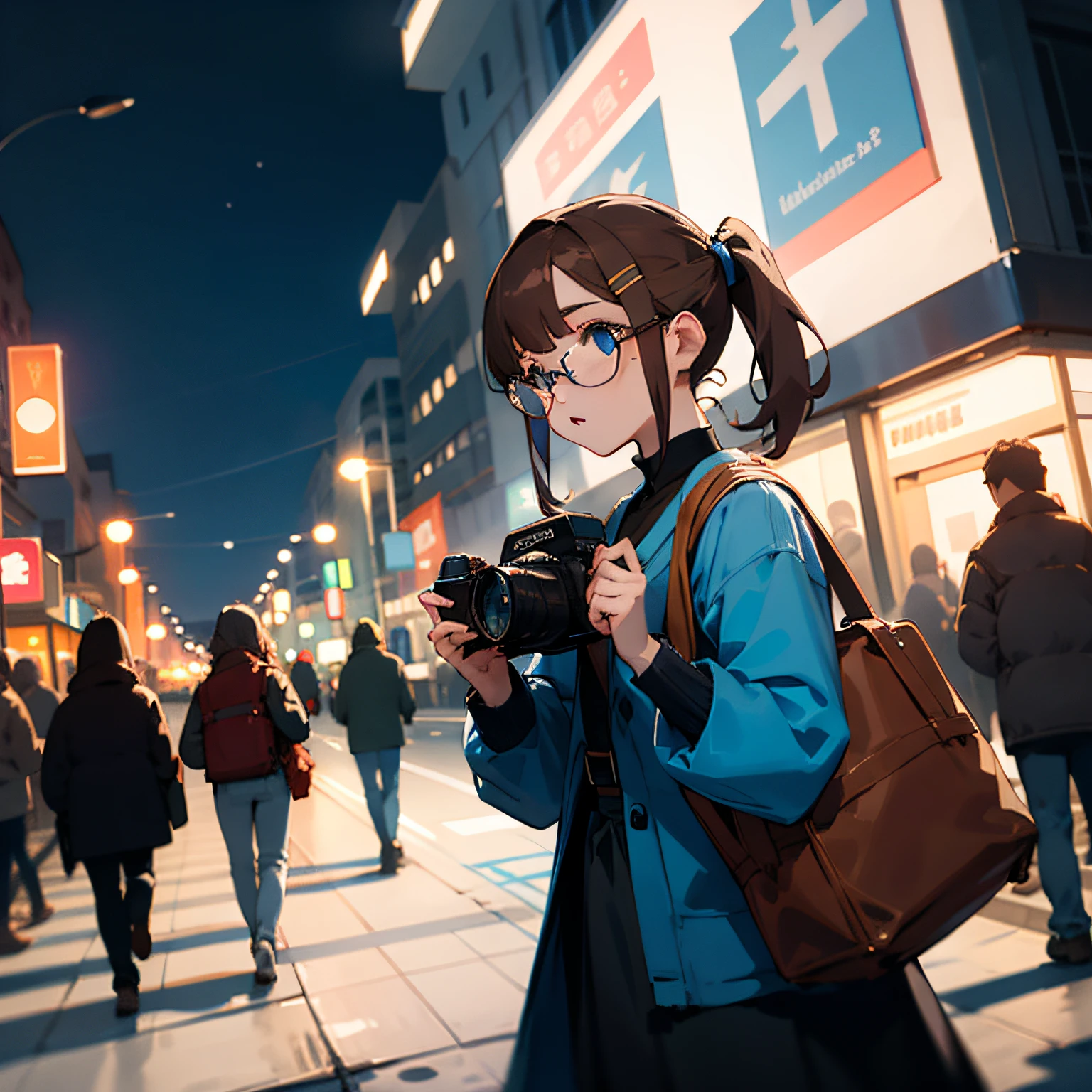 Brown hair, pony tails, hair pin, blue color eyes,23 year old female,wears glasses,carrying a cross-body bag,camera in hand ,On the bustling streets,natta,is a perfect face,outstanding