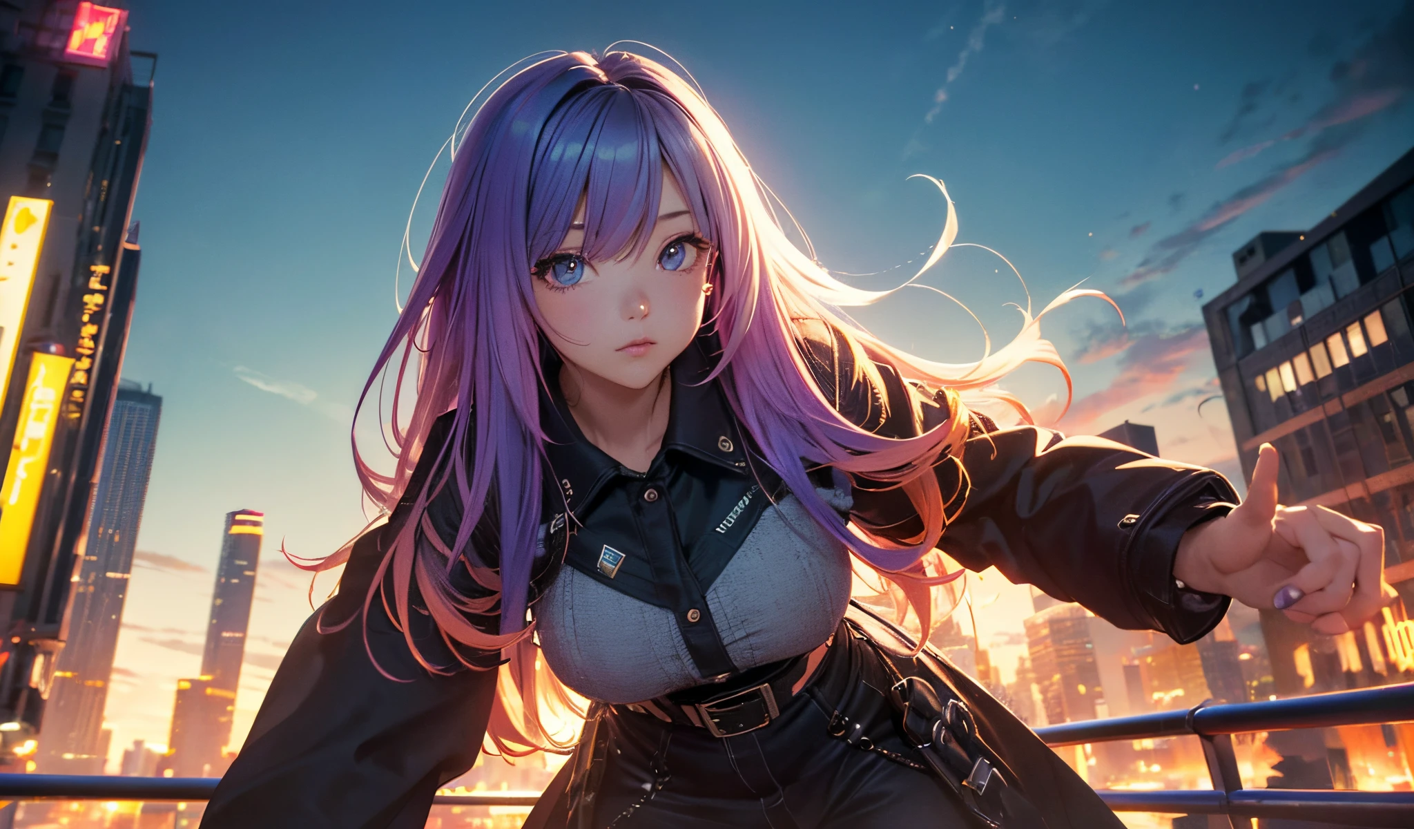 NY, (gradient hair, dutch angle:1.3), film grain, chromatic aberration, city, masterpiece, best quality, raw photo, photorealistic, absurdres, 1girl, cute, perspective, cowboy shot, highres, ultra detailed, detailed eyes and face, sharp pupils, realistic pupils, sharp focus, summer, night,