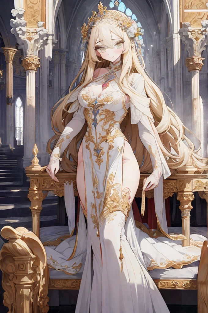 Beautiful illustration、top-quality、beautiful tall beauty、(transform sequence)、adult-like、Italian、Fractal Art、her long blonde hair is tied high and straight.、Beautiful detailed golden eyes、lighting like a movie、Beautiful woman with a mysterious smile、Wearing White wedding dress、wonderful church、Rich chromogenic properties、Italian women in the 1930s'dresses、Looks a bit like a man