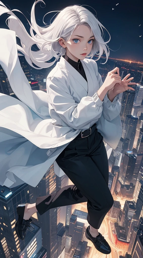 Gojo, super fine illustration, satoru gojo, jujutsu kaisen, sharp nose, facial muscle, light blue eyes, short hair, messy hair,unkempt hair, white hair, silver hair, black clothes, black pants, black shoes, long sleeves,, solo, 1 man, dynamic angle, , 500 feet above the sky,,,face focus,look at the viewer, full body,, middle close-up shots,, (levitation), (magically floating), wind, flying, floating, air,night, city, city sky,, standing in the air, wind,