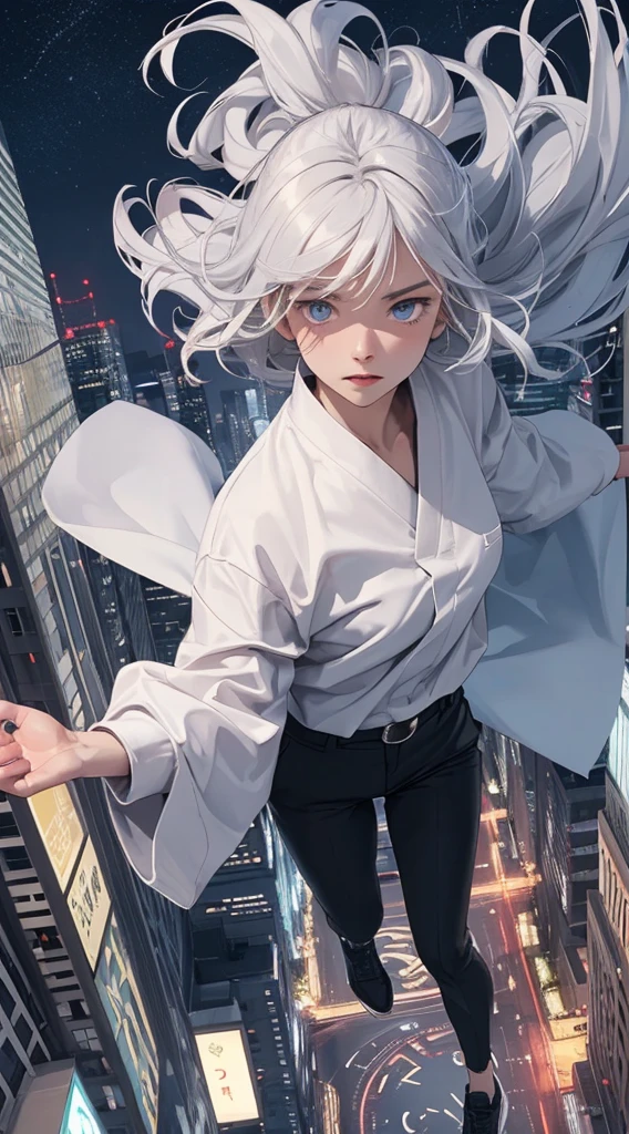 Gojo, super fine illustration, satoru gojo, jujutsu kaisen, sharp nose, facial muscle, light blue eyes, short hair, messy hair,unkempt hair, white hair, silver hair, black clothes, black pants, black shoes, long sleeves,, solo, 1 man, dynamic angle, , 500 feet above the sky,,,face focus,look at the viewer, full body,, middle close-up shots,, (levitation), (magically floating), wind, flying, floating, air,night, city, city sky,, standing in the air, wind,