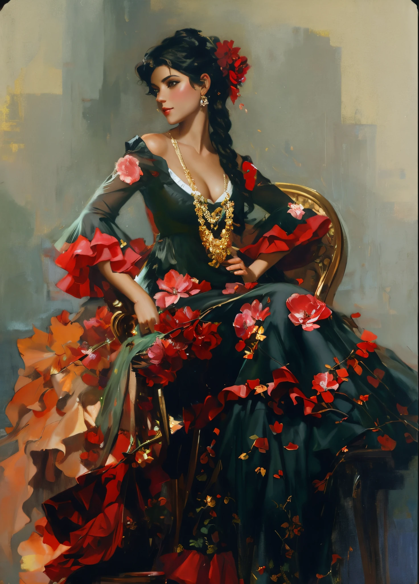uma pintura de uma mulher em um vestido vermelho e preto, Andrew Atroshenko, Garmash, pintura realista da mulher espanhola, inspirado em Willem Kalf, inspirado por Michael Garmash, pintura de bonito, ( ( Konstantin Razumov ) ), Konstantin Razumov, pintura de personagem bonita, pintura bonita expressiva, pintura bonita de um alto, Estilo de Pino Daeni