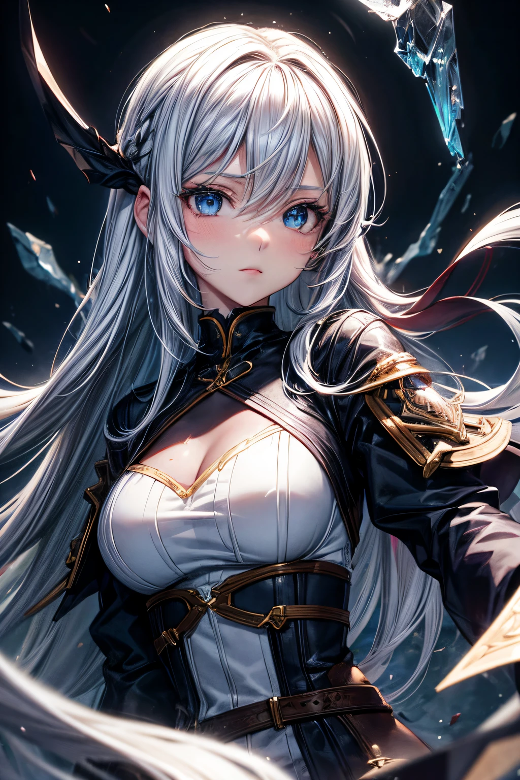 Cover magazine, anime, young woman, solo, long hair, white hair, blue eyes, model, beautiful, half body potrait, fantasy, ice