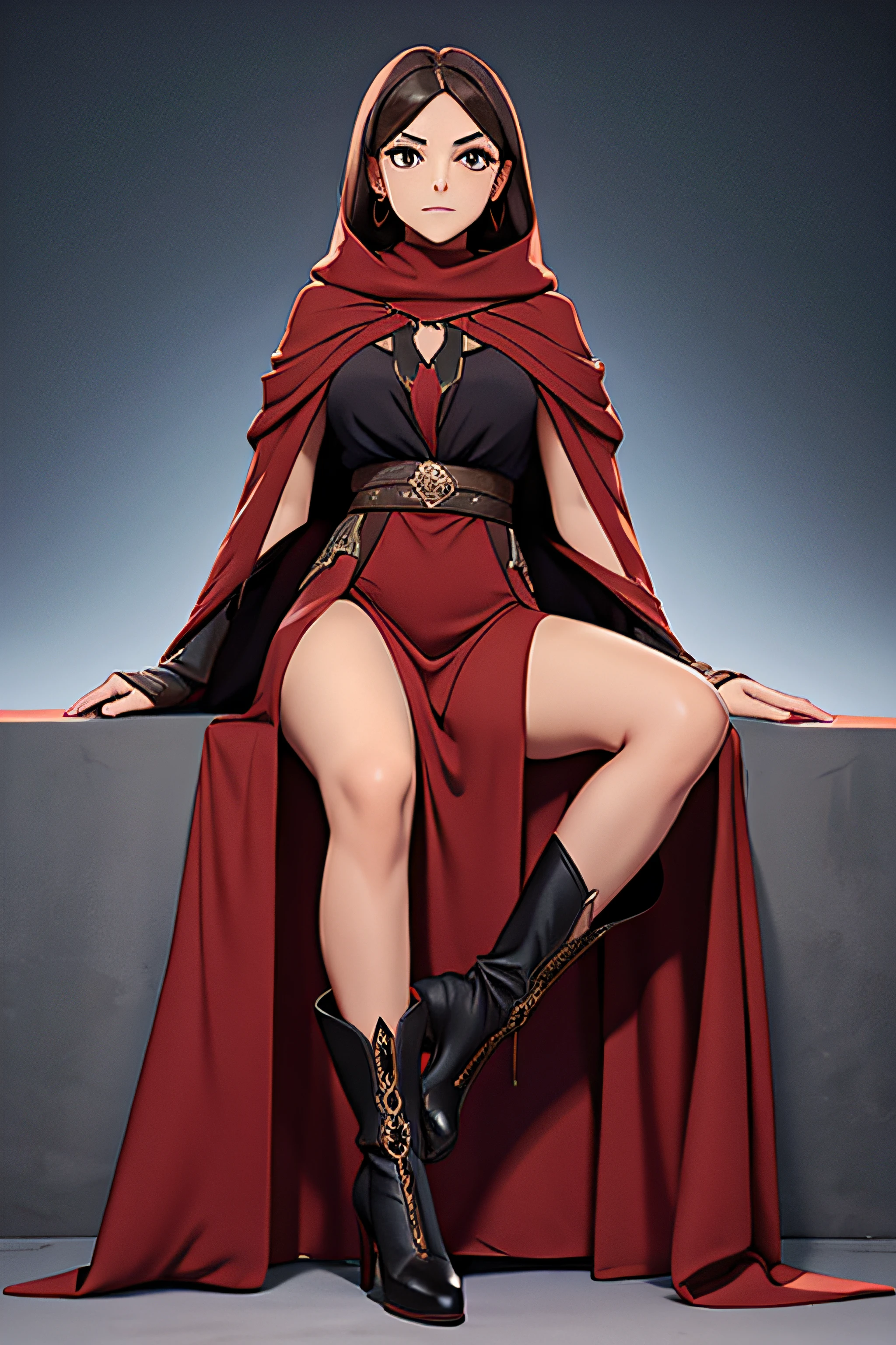 woman wearing a cloak, long maxi dress, high double slit, leg, sitting sideways, high heel boots, tan and red