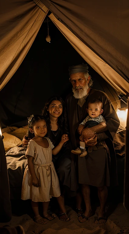 old man from biblical times with his wife and children camels oxen in their tent in the desert, well lit