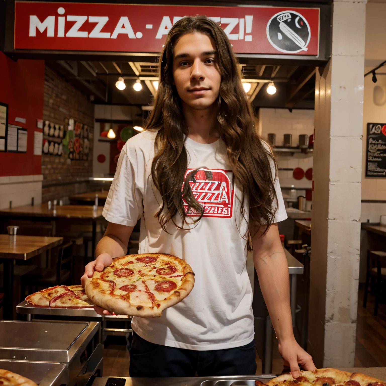 College guy with long curly brown hair who works at a pizza restaurant called mod pizza