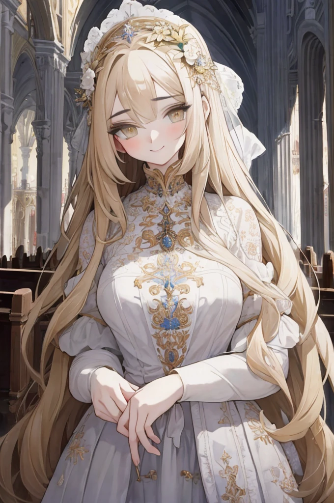 Beautiful illustration、top-quality、beautiful tall beauty、(transform sequence)、adult-like、Italian、Fractal Art、her long blonde hair is tied high and straight.、Beautiful detailed golden eyes、lighting like a movie、Beautiful woman with a mysterious smile、Wearing White wedding dress、wonderful church、Rich color development characteristics、Italian women in the 1930s'slutty dress、Looks a bit like a man