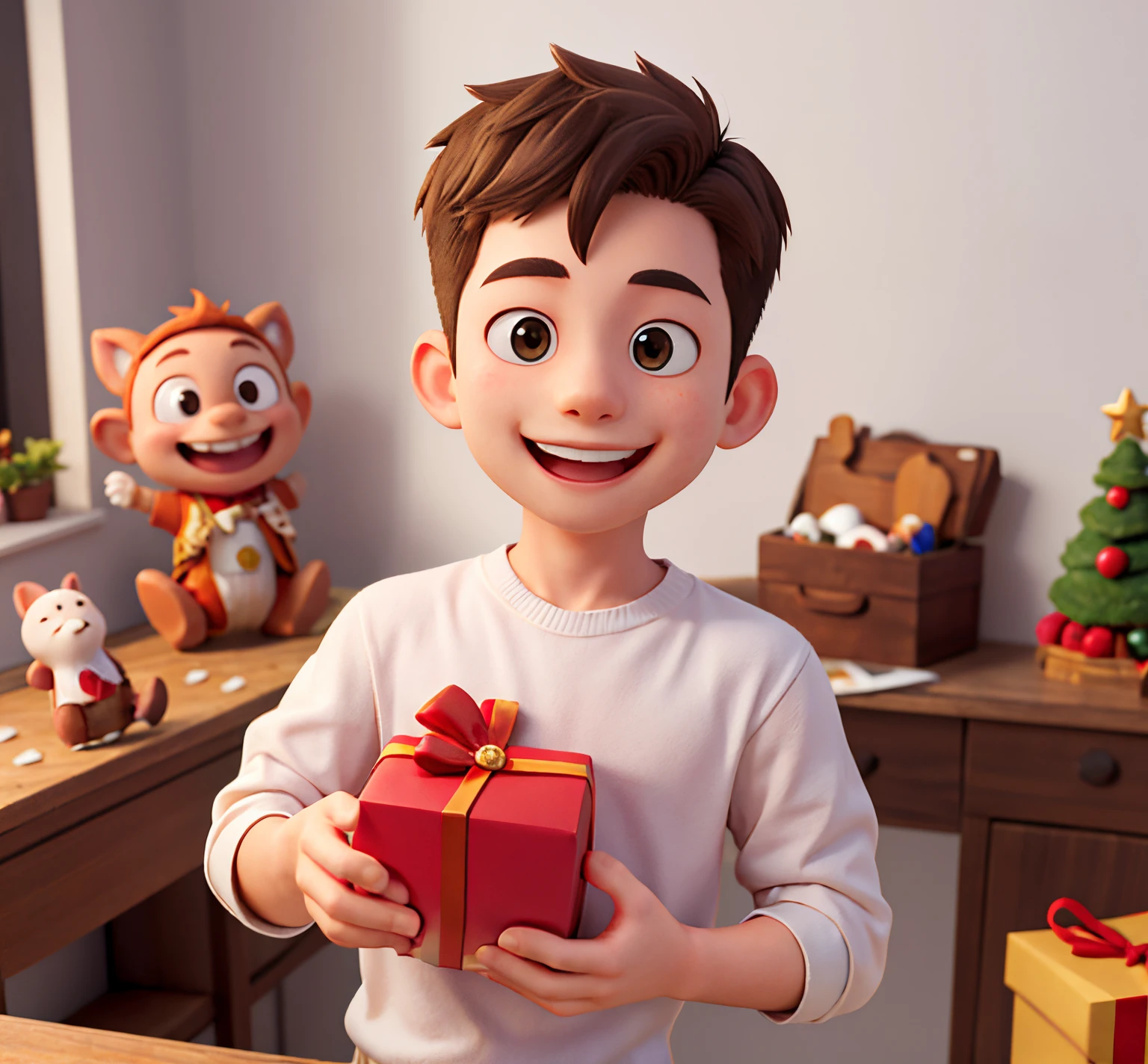 masterpieace , high quality , best quality , a boy , smiling , holding_charismas gift