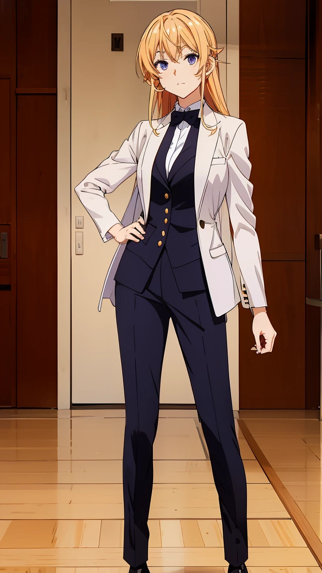 Nakiri Erina wears a formal suit with a long silk jacket and white skinny pants, blonde hair, Full body