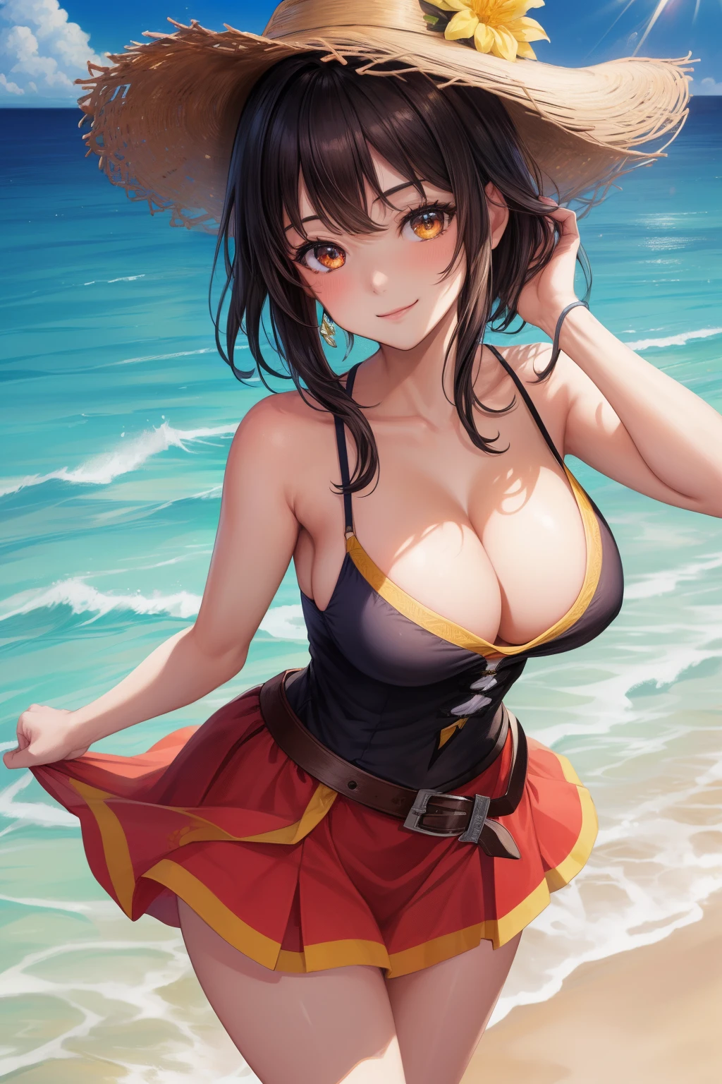 masterpiece, best quality, highest quality, perfect anatomy, highres, ultra-detailed, 8k wallpaper, texture, detail, unique, HDR, extremely detailed CG, Megumin, 1 girl, Solo, full body, standing, mature female, looking at viewer, smile, lewd face, (Beautiful,large_Breasts:1.4), (beautiful_face:1.5),(narrow_waist), beach, summer time, sun, blue sky, smile