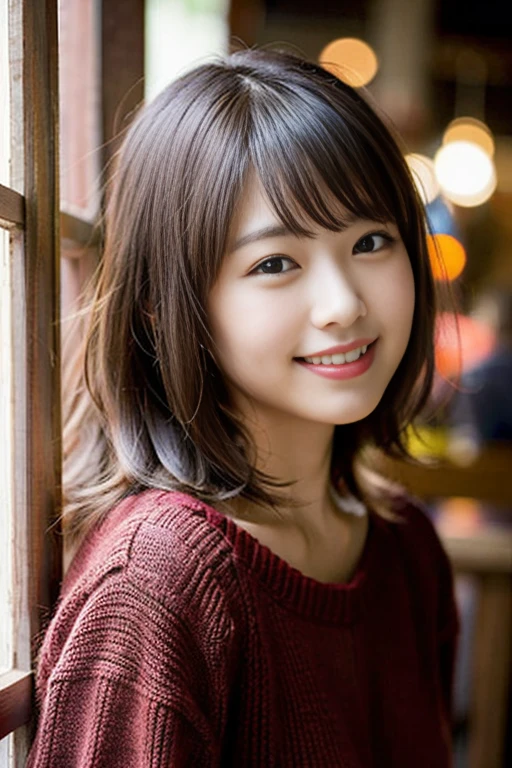 (8K、Raw photography、top-quality、masterpiece:1.2)、(realisitic、Photorealsitic:1.37)、ultra-detailliert、超A high resolution、女の子1人、see the beholder、beautifull detailed face、A smile、Constriction、(Slim waist) :1.3)、Beautiful detailed skin、Skin Texture、short、Floating hair、Professional Lighting、Whole human body、、Bob Hair、Happy smile、Childish smile、Suppin、knit、knit、Christmas