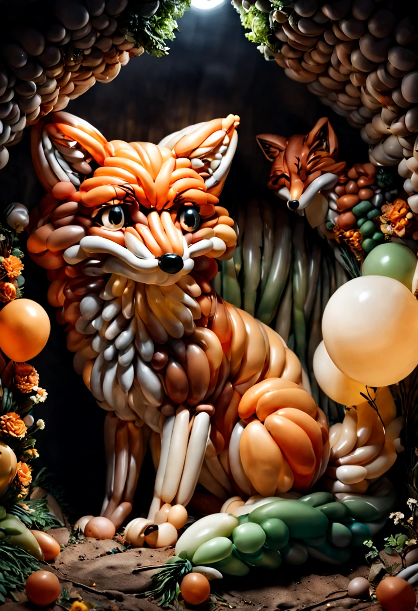 balloonz, balloons, made out of balloons, fox, sleeping fox, foxhole, underground, dark night, diffuse light