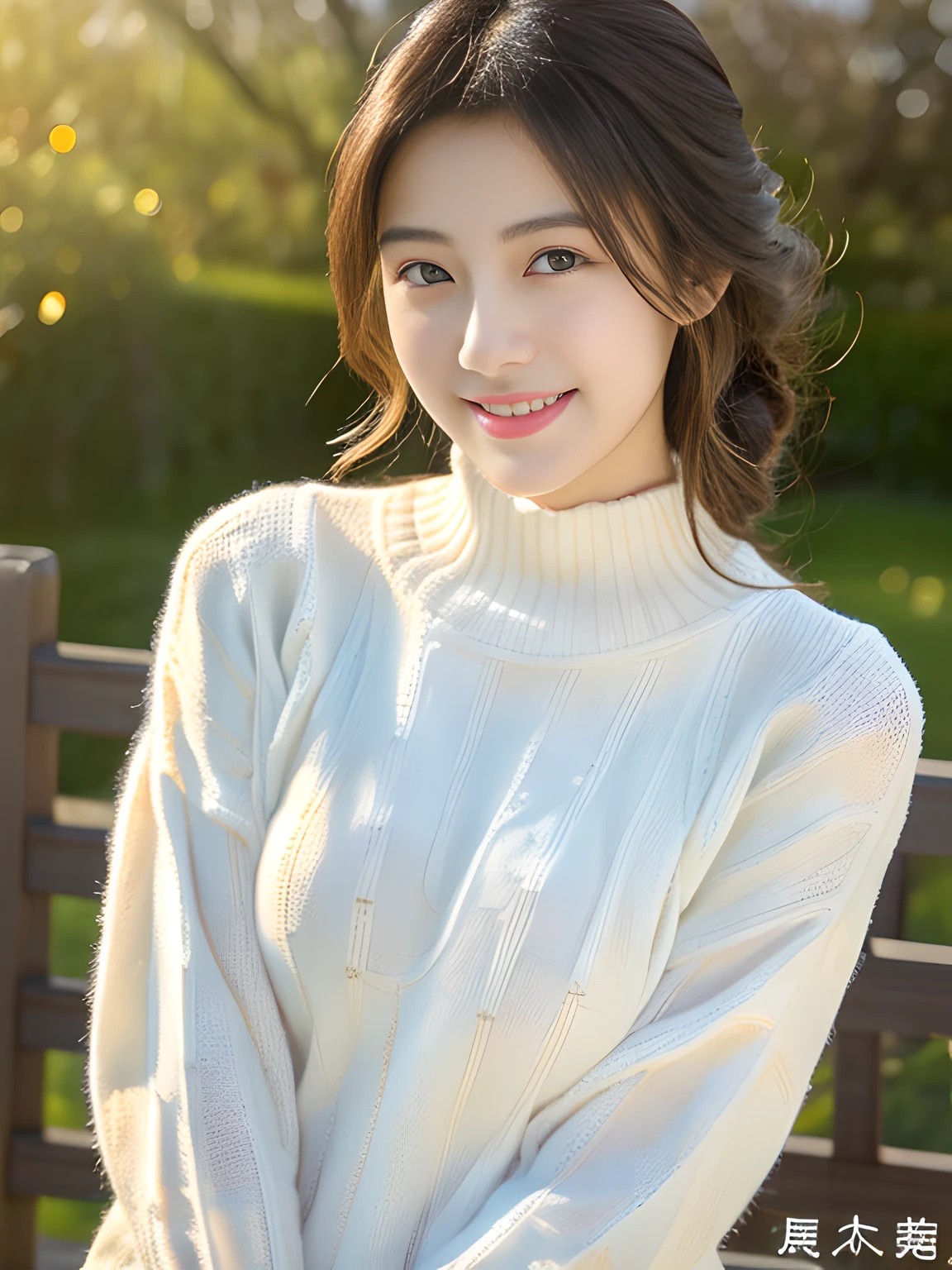 japanes、top-quality、​masterpiece、超A high resolution、(Photorealsitic:1.5)、Raw foto、1girl in、Tight white knit high neck sweater、demure、cold light、Sexy appearance、Bewitching、18year old、large full breasts、Chest with arms for emphasis、Smile、Exquisite beauty