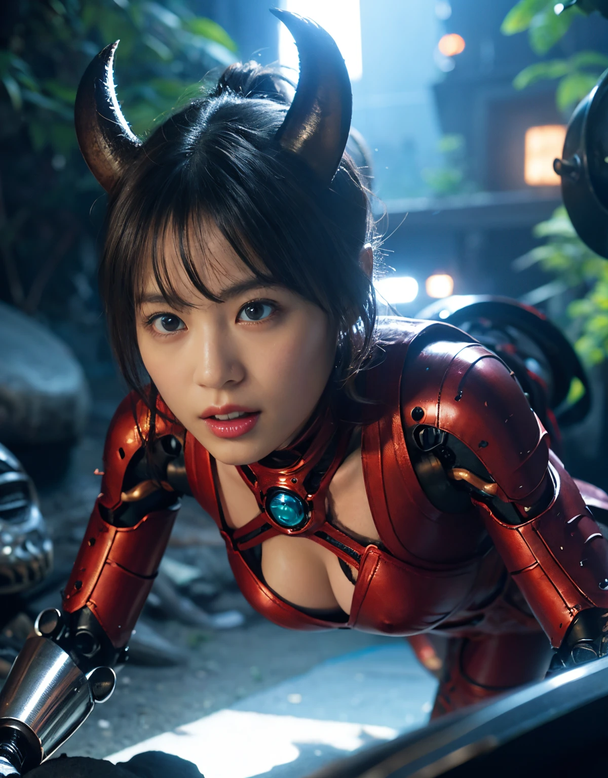 (1 Mechanical Girl)、(Mystical expression)、top-quality、masterpiece、超A high resolution、(Photorealsitic:1.4)、Raw photo、1人、Fight mutants、glowy skin、(((1 Mechanical Girl)))、(Red Metal Bodysuit)、(Fight goblings、ogre、Fierce battle with orcs),(Fight fiercely against aliens)、Fight fiercely、(beautiful forest background)、(Fighting Demonic Beasts)、(Small LED)、((super realistic details))、portlate、(Strong giant demon beast background),globalillumination、Shadow、octan render、8K、ultrasharp、Colossal tits、Raw skin is exposed in cleavage、red metal、Details of complex ornaments、Japan details、highly intricate detail、Realistic light、(Mystical expression),CGSoation Trends、Blue eyes、radiant eyes、Facing the camera、neon details、(Mechanical limbs)、(blood vessels connected to tubes)、(Wires and cables connecting to the head)、Small LED、,Mechanical thighs、Toostock、(Hands are also made of machines)、(Precipitous cliffs、fortress)、机器人、