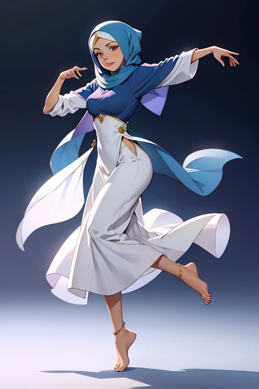 A barefoot, beautiful hijabi woman dancing,wearing modest clothes, looking graceful.