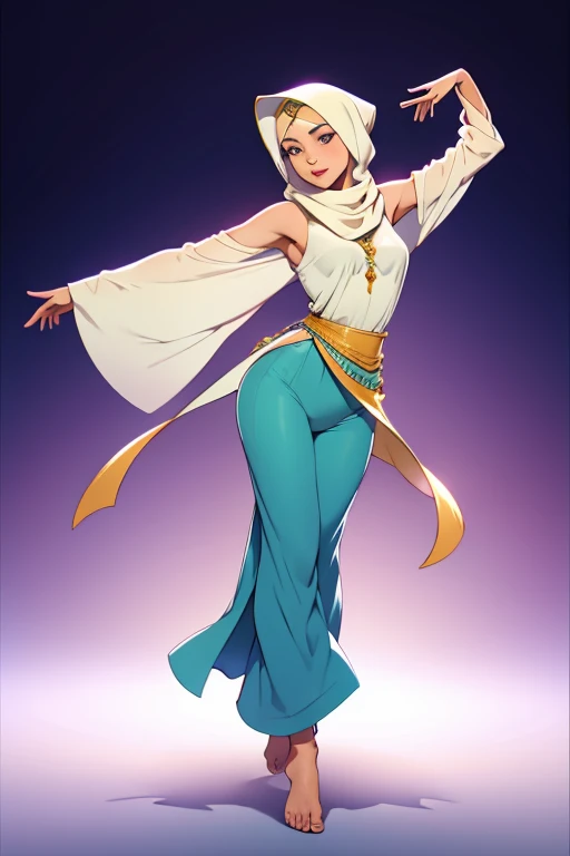 A barefoot, beautiful hijabi woman dancing,wearing modest clothes, looking graceful.