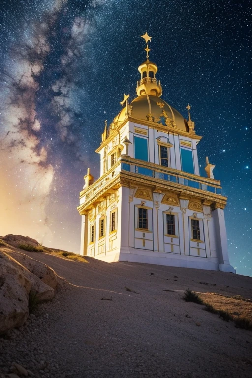 Um grande castelo branco e dourado inserido num vale verdejante com montanhas ao redor sendo observado de frente, blue sky with stars and stars, folhas voando com o vento, gold dust for the image