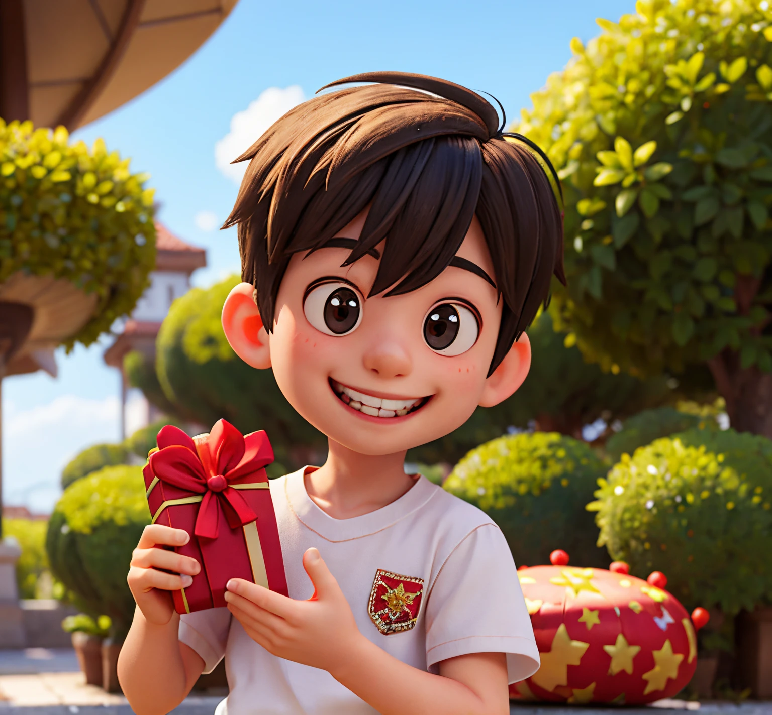 masterpieace , high quality , best quality , a boy , smiling , holding_charismas gift