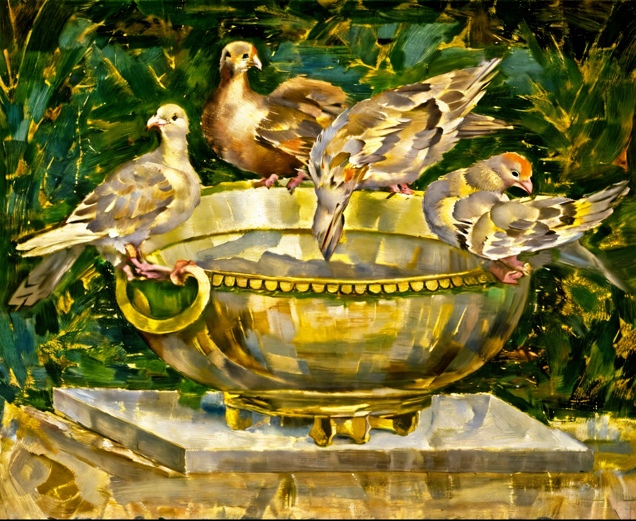 painting of a bowl with doves in it on a table, by Pisanello, by Piero di Cosimo, by Andrea Mantegna, tintoretto. detailed, renaissance still life painting, by Paolo Uccello, mantegna, by Domenico di Pace Beccafumi, sandro bottecelli, inspired by Andrea Mantegna