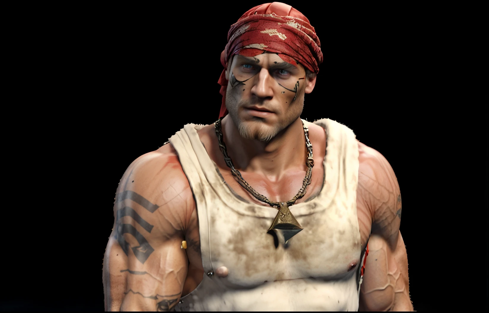 a close up of a man with a red bandana on his head, technoviking male with no shirt, buff man, heavy looking, muscular character, as a character in tekken, arnold maya render, male character, bald male swashbuckler, goro from mortal kombat, picture of an adult male warrior, buff painting, sam hyde in god of war 4