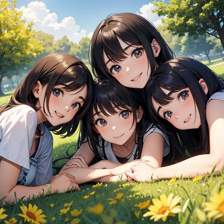 4 girl's 18 years old, laying down on grass of flower, smiling face, sunny day, looking at viewer