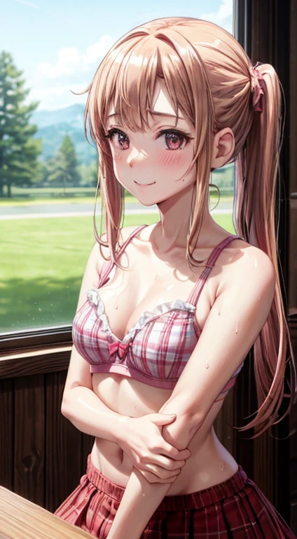 One female、brown hair、curly hair、blue eyes、dense lips、pink underwear、pink bra、beautiful breasts、slouch、inside the house、window sill、cherry blossoms、sunlight、masterpiece、ultra high resolution、perfect lighting、16K