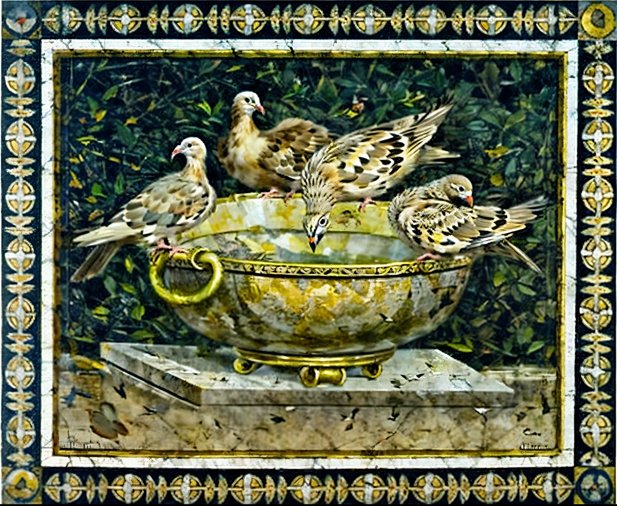 painting of a bowl with birds in it and a book, found in the ruins of pompeii, on a marble pedestal, roman, from italica, by Giovanni Battista Cipriani, fresco, by Romano Vio, by Antonio de la Gandara, by Mariotto Albertinelli, doves, by Domenico di Pace Beccafumi