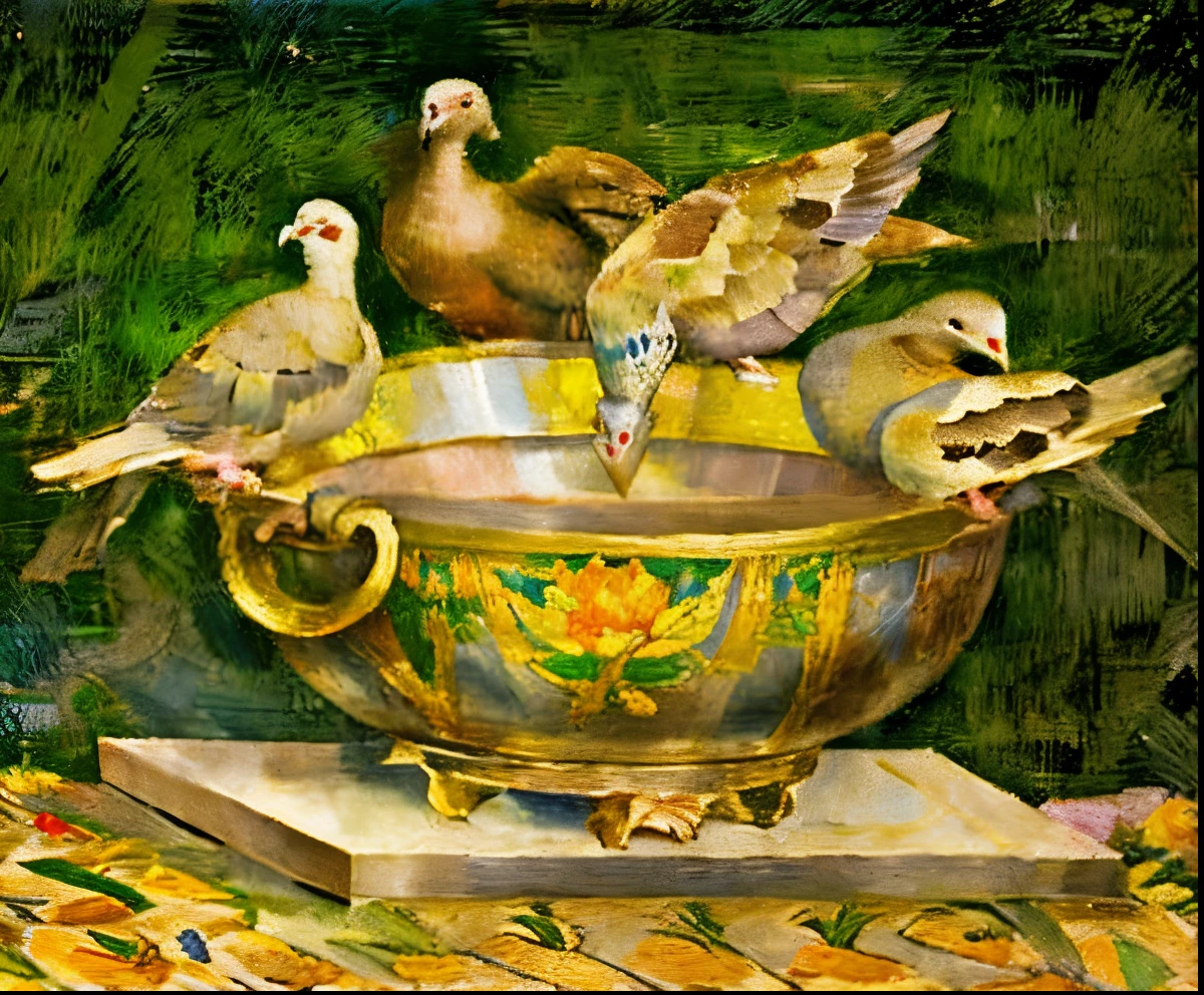 painting of a bowl with doves in it on a table, by Pisanello, by Piero di Cosimo, by Andrea Mantegna, tintoretto. detailed, renaissance still life painting, by Paolo Uccello, mantegna, by Domenico di Pace Beccafumi, sandro bottecelli, inspired by Andrea Mantegna