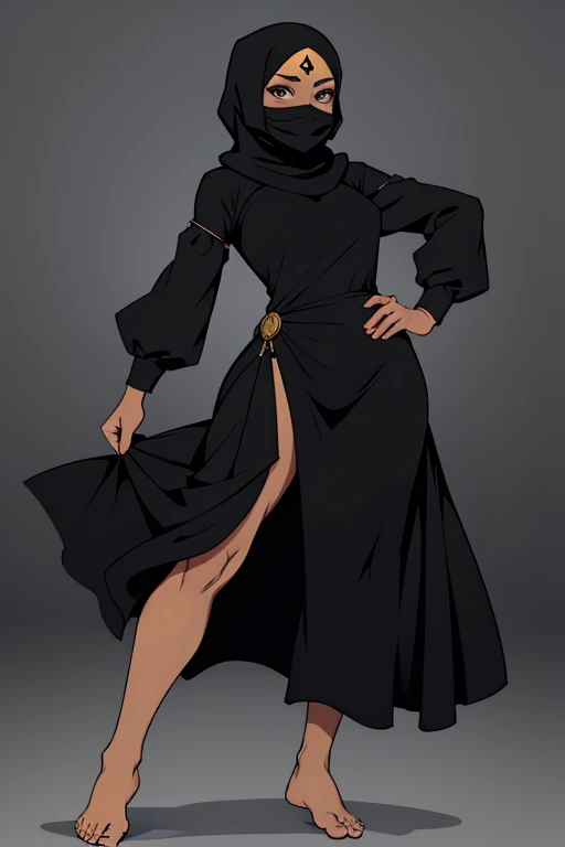 A barefoot woman, wearing a black dress with hijab, and a black facemask, standing in a dynamic pose.