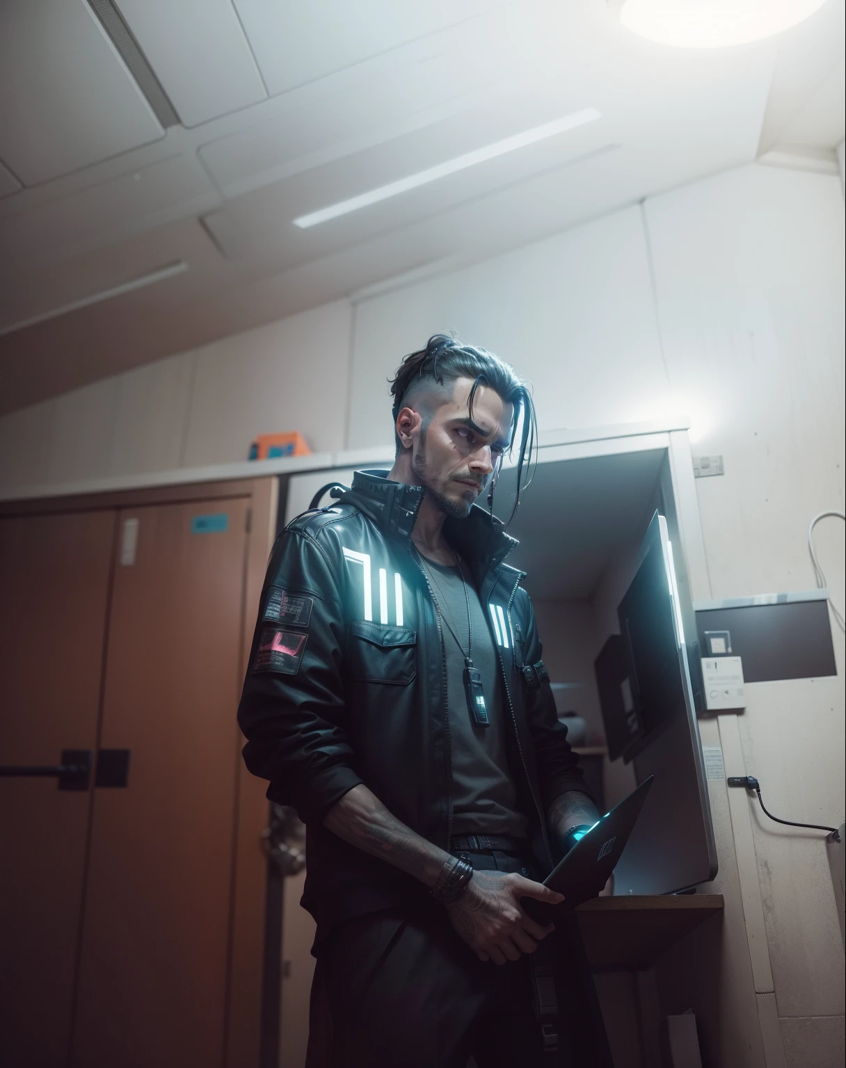 a man in a cyberpunk room working on Laptop