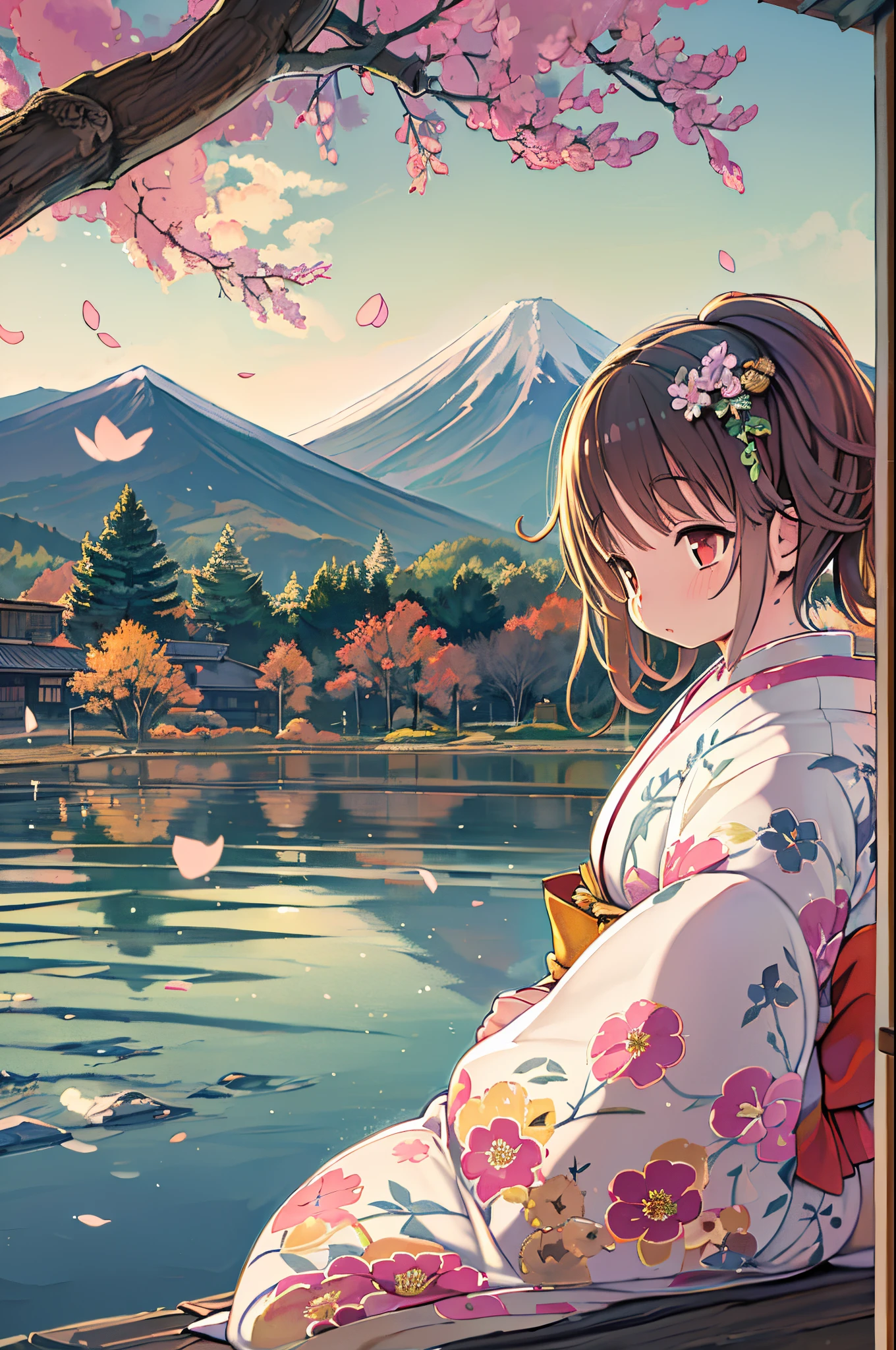 Best Quality, masutepiece, Extremely detailed, Detailed background, Detailed eyes, Anime, 1girl in, Beautiful eyes, Young Girl, a girl with long hair, expressive faces, Kimono, Retro, Mt. Fuji Scape, Outdoors, Sunset, Beautiful sky, Picnic on the lake, landscape, Scenery, Horizon, Mountains sitting near mountains, Wind, flower petals, spring, Looking away, Atmospheric lighting, reflection, Naturalistic, detail, Realism. Relaxation, Beauty, Solo Focus, close up, From Side, depth of fields, Bokeh、Swiss Rolls