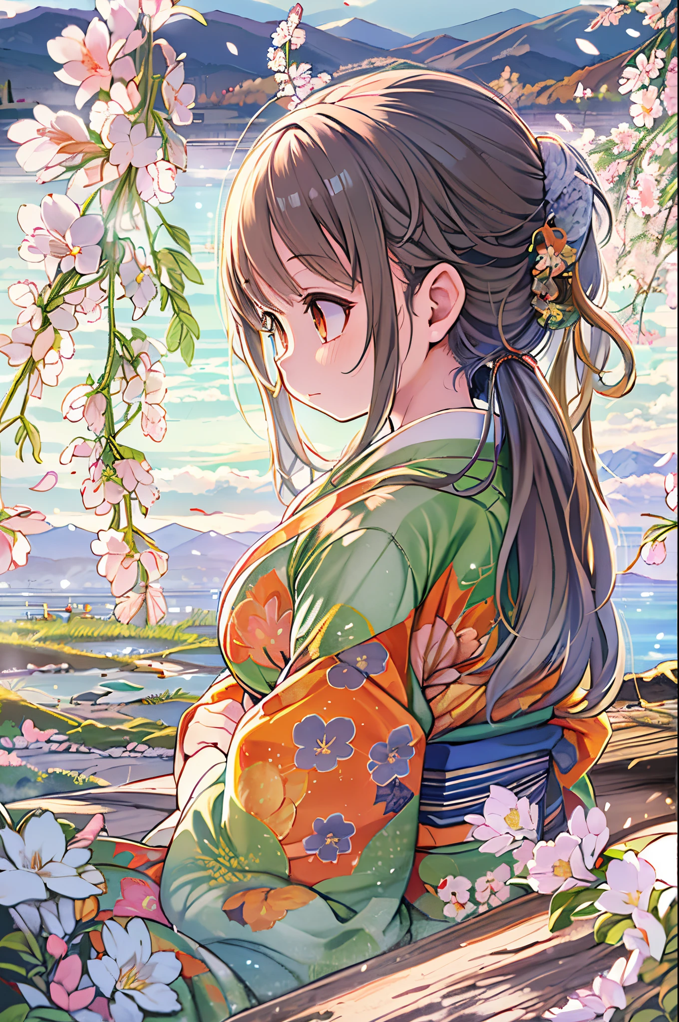 Best Quality, masutepiece, Extremely detailed, Detailed background, Detailed eyes, Anime, 1girl in, Beautiful eyes, Young Girl, a girl with long hair, expressive faces, Kimono, Retro, Mt. Fuji Scape, Outdoors, Sunset, Beautiful sky, Picnic on the lake, landscape, Scenery, Horizon, Mountains sitting near mountains, Wind, flower petals, spring, Looking away, Atmospheric lighting, reflection, Naturalistic, detail, Realism. Relaxation, Beauty, Solo Focus, close up, From Side, depth of fields, Bokeh、Swiss Rolls