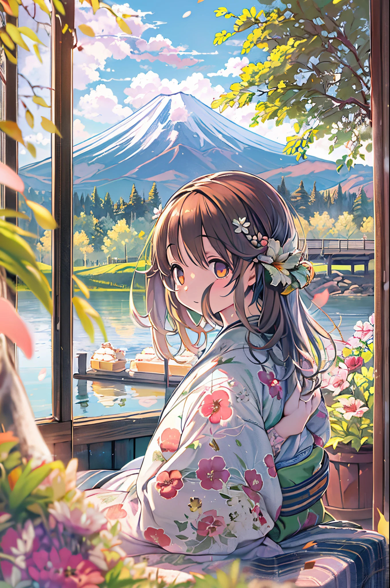 Best Quality, masutepiece, Extremely detailed, Detailed background, Detailed eyes, Anime, 1girl in, Beautiful eyes, Young Girl, a girl with long hair, expressive faces, Kimono, Retro, Mt. Fuji Scape, Outdoors, Sunset, Beautiful sky, Picnic on the lake, landscape, Scenery, Horizon, Mountains sitting near mountains, Wind, flower petals, spring, Looking away, Atmospheric lighting, reflection, Naturalistic, detail, Realism. Relaxation, Beauty, Solo Focus, close up, From Side, depth of fields, Bokeh、Swiss Rolls