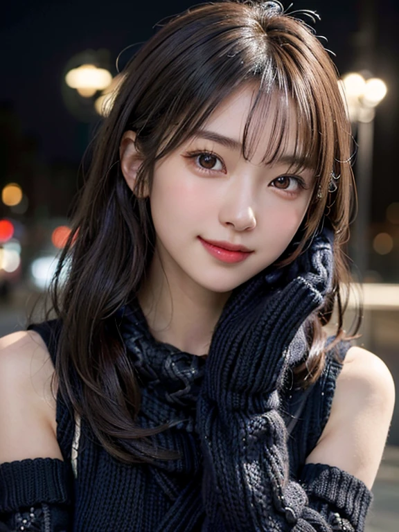 1 japanese girl,(Black sweater:1.4),(She wears a knitted snood around her neck to hide her chin..............:1.5), (Raw photo, Best Quality), (Realistic, Photorealsitic:1.4), masutepiece, extremely delicate and beautiful, Extremely detailed, 8k wallpaper, amazing, finely detail, extremely detailed CG Unity, hight resolution, Soft light, Beautiful detailed 19 year old, extremely detailed eye and face, beautiful detailed nose, Beautiful detailed eyes,Cinematic lighting,city light at night,Perfect Anatomy,Slender body,Smiling  (hair messy, asymmetrical bangs, light brown hair,)