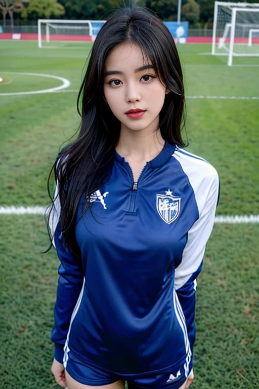 absurderes, Raw photo, Extremely delicate and beautiful, masutepiece, Best Quality, Ultra High Resolution, 16 K, hyper realisitic, Ultra-detailed, Perfect Anatomy, Ultra-detailed細なスキン, Perfect figure, Very detailed CG 8k wallpaper, in her 20s, Very slim body, Narrow waist, Very small head, Very small face, Very detailed face, Very detailed eyes, tear moles, Earring, thin legs, (very massive round chest), 1 rapariga, (Full body shot), Bare legs, Short hair, Wavy Hair, light brown hair, (Wet), ((football uniform)),